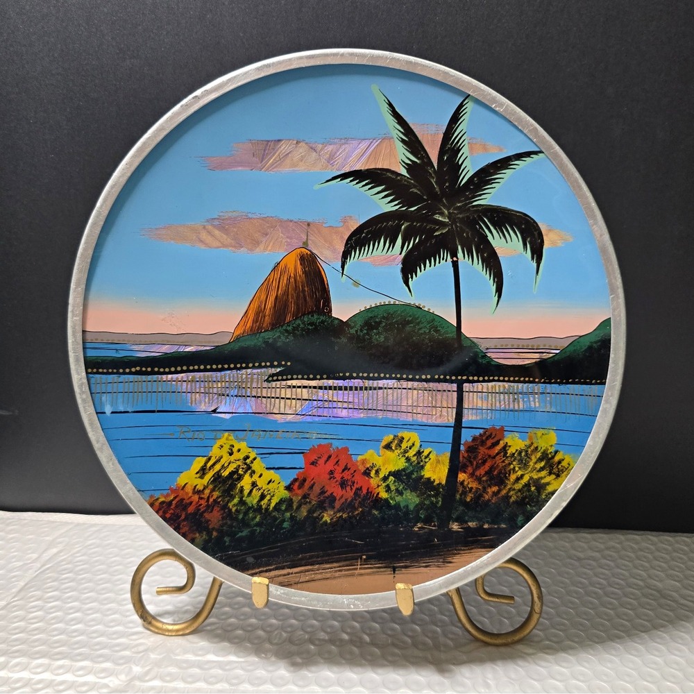 Vtg Rio De Janeiro Butterfly Wing Plate Reverse Painted Glass Art Brazil